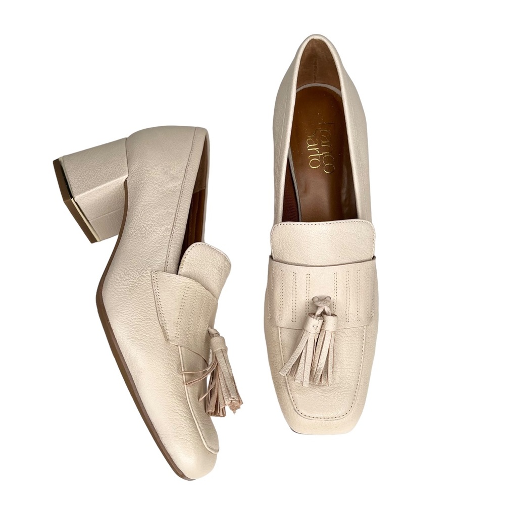 Franco Sarto Cream Tassel Block Heel Loafers